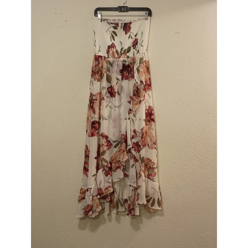 Venus Floral Smocked Strapless High Low Maxi Dress‎ White Burgundy Large